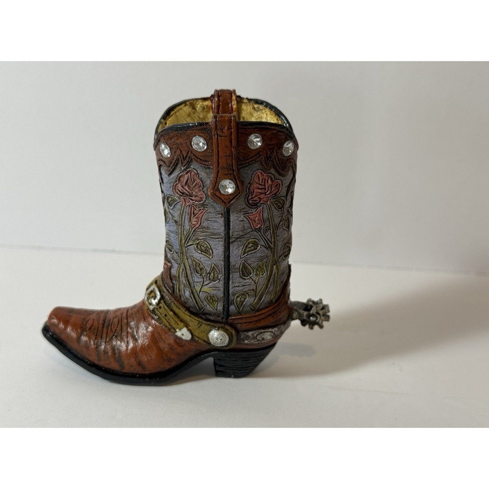 Miniature Resin Cowboy Boot Figurine with Floral Details Faux Rhinestones Decor